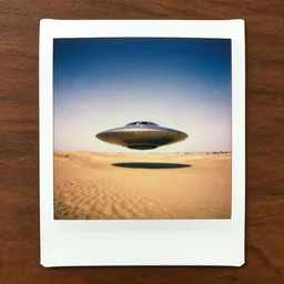 a polaroid photograph of a flying saucer in the desert