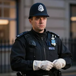 A British police officer wearing rubber gloves, highly detailed, ambient lighting, trending on art station