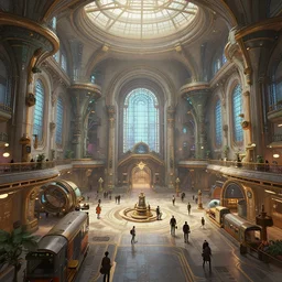 matte painting of the interior view of giant train station. solarpunk fantastical, detailed digital art trending in artstation
