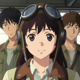 a film still of a happy aviator girl, finely detailed features, closeup at the faces, perfect art, at a hangar, gapmoe yandere grimdark, trending on pixiv fanbox, painted by greg rutkowski makoto shinkai takashi takeuchi greg rutkowski, alphonse mucha, akihiko yoshida
