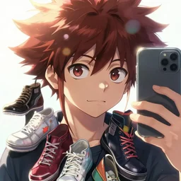 closeup portrait of ochaco uraraka from my hero academia taking a selfie with her shoe collection, sunny, bright, reflections, intricate, sharp focus, lens flare, bloom, illustration, highly detailed, digital painting, concept art, matte, art by ruan jia and wlop and greg rutkowski, masterpiece