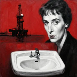 high quality noir painting featuring agatha christie face,, a large public bathroom sink and an oil rig loom in the background, mystery of the giant sink, by greg rutkowski, red, black and white colour scheme, textured grunge aesthetic