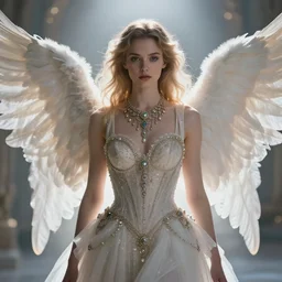 centered  waist up portrait of an angel wearing an incredible dress with jewelry, bokeh + DOF + 8k, photorealistic + rendered in octane + ultra realistic + backlit + strong rim light + HDRI, HD, by midjourney, trending on artstation