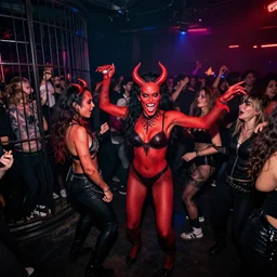 Demon night club, dancing demons having fun, humans in cages