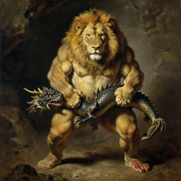 oversized muscular lion lifting the dragon, human bloody legs full body portrait pose , very textured detailed oil painting by rembrandt , hard backlight , in dark cave