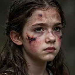 sixteen year old, pretty medieval girl with a large, ugly dark stain covering half her face, unhappy expression, fantasy art, highly - detailed, close up, dark hair, realistic, looking off camera