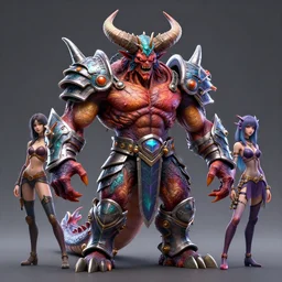 a colorful, muscular, scary, full body demon with big horns, glowing iron armor, by alex gray, android jones, karol bak, ayami kojima, artgerm, dragon skin, concept art, 3 d, octane render, 8 k, unreal engine