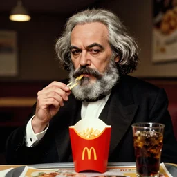 portrait photography of karl marx eating at mcdonalds, drinking coke. dramatic lighting, vogue, modelsociety, lightroom, 4 k.