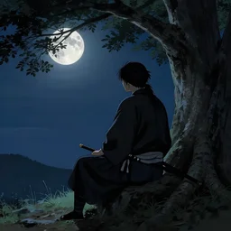 a samurai sitting under a tree, back lighting, dramatic scene, detailed, night time, full moon, in the style of greg rutkowski