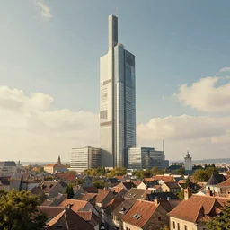 retrofuturism skyscraper rising above medieval village