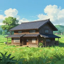 Japanese countryside house, Low level, rendered by Beeple, Makoto Shinkai, syd meade, simon stålenhag, synthwave style, digital art, unreal engine, WLOP, trending on artstation, 4K UHD image, octane render