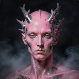 a neoclassicist close - up portrait of a pink man with dragon features. reflective alien technology. head and shoulders. foggy black background with dark puffy glowing clouds. highly detailed science fiction painting by norman rockwell, frank frazetta, syd mead and moebius. rich colors, high contrast, gloomy atmosphere, dark background. trending on artstation.