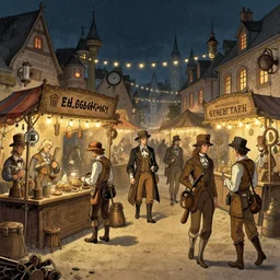 steampunk night market, illustrated by edward gorey, aschenbach, lagerstedt