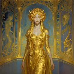 a girl in a gold haunted liminal room, digital painting by goya, colors by pontormo, lights by hopper, extreme detail, liminal aesthetic, background art nouveau