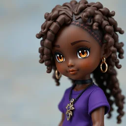 a nendoroid of hazel levesque, a dark skinned!!!!!!!! black girl!!!!!!!!! with curly!! brown hair and amber eyes wearing a purple t shirt, african american!!!, jewelry and magic themed, brown skin!!!