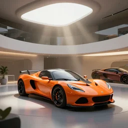 futuristic lotus exige ( ( orange ) ) parked within interior view of futuristic auto showroom ( ( frank lloyd wright ) ) luminescent concept art, unreal engine 5, artstation highly detailed, digital art, 8 k hdr, soft lighting, hyperrealistic, godrays