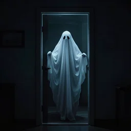 a ghost behind a door, dark room