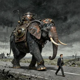 A steampunk large elephant-like creature follows a man down a desolate road, in the style of Zdzisław Beksiński