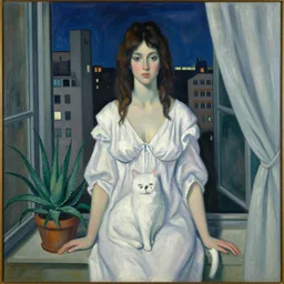 portrait of woman in night gown, white cat and aloe house plant with brutalist city seen from a window frame with curtains. night. agnes pelton, caravaggio, bonnard, henri de toulouse - lautrec, utamaro, matisse, monet