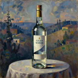 ultrafine detailed painting of an abstract vodka bottle sculpture on top of a table, still life by julian schnabel and john chamberlain, tonalism, oil on canvas, surrealist painting, behance, academic art
