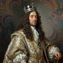beautiful oil painting, portrait of Louis xiv in coronation robes 1701, Dan Mumford, Dan Mumford, Alex grey, Alex grey, hyacinthe rigaurd, lsd visuals, fractal patterns, highly detailed, ornate