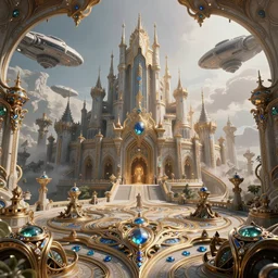 symetrical highly detailed ornate with jewels and precious metals futuristic, sandman kingdom, close up in the bg entrance castle kingdom of dreams, space ships, futuristic, land of advanced races, giants, hiperrealistc, global illumination, radiant light, detailed and intricate environment. art by andreas achenbach, oleg oprisco, 8 k