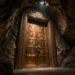 the underground cave has a huge door made of bronze, bronze material, dark and spectacular atmosphere ， super wide angle ， matte painting ， rtx on ， by james paick and jan urschel ， trending on cgsociety and artstation, unreal engine ， volumetric light ， surreal