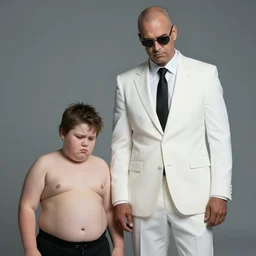 hitman agent 4 7 stand wearing white suit and look dissapointed of his fat son. realistic. 4 k. 8 k.