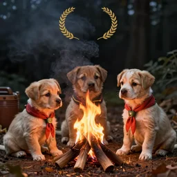 puppies dressed as Boy Scouts building a campfire
