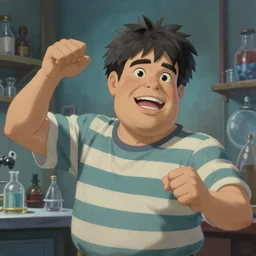 An epic fantasy comic book style portrait painting of a 40 year old man in a laboratory, very expressive, really short dark gray hairs,  round face, wearing a shirt with horizontal stripes, awesome pose, character design by Mark Ryden and Pixar and Hayao Miyazaki, unreal 5, DAZ, hyperrealistic, octane render, cosplay, RPG portrait, dynamic lighting, intricate detail, summer vibrancy, cinematic