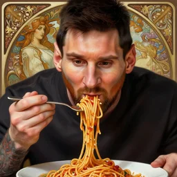 Messi eating spaghetti, upclose, D&D, fantasy, intricate, elegant, highly detailed, digital painting, artstation, concept art, matte, sharp focus, illustration, art by Artgerm and Greg Rutkowski and Alphonse Mucha