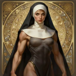muscular female nun, deep focus, d & d, fantasy, intricate, elegant, highly detailed, digital painting, artstation, concept art, matte, sharp focus, illustration, hearthstone, art by artgerm and greg rutkowski and alphonse mucha