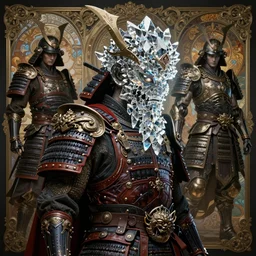 asura from chinese myth, ancient japanese samurai, luxurious armor mixed with leather and metal, gothic diablo art, rococo art, cyberpunk, mecha, halfturn portrait of a big crystal face made of crystals half - turn, ominous, intricate, studio, art by anthony macbain + greg rutkowski + alphonse mucha, concept art, 4 k, sharp focus