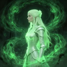 side profile, imogen poots, cursed paladin, gloomhaven, luminescent, pale green glow, haunted green swirling souls, evil inky swirly ripples, sickly green colors, by greg manchess, huang guangjian, gil elvgren, sachin teng, greg rutkowski, jesper ejsing, ilya kuvshinov