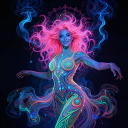 psychedelic [ chemiluminescence ] [ [ [ smiling ] ] ] dancing elegant woman chakra spirit, winking one eye, winking at the camera, with pink hair smoke and fluid dynamics, colorful, psychedelic, ornate, intricate, digital painting, concept art, smooth, sharp focus, illustration, blacklight reacting, art by artgerm and greg rutkowski