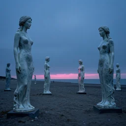 a long beach scattered with towering statues of ceramic women with pink light on the horizon by roger dean, edward hopper and james gilleard, zdzislaw beksinski, steven outram, highly detailed 8 k, blue, bleak,