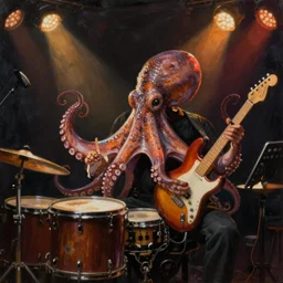 a beautiful painting by etam cru of an octopus playing drums and telecaster guitar in an electronic concert, dark background, concert light, dark mood, warm lights