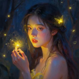 goddess of fireflies. portrait. colorful atmospheric lighting. highly detailed painting by greg rutkowski.