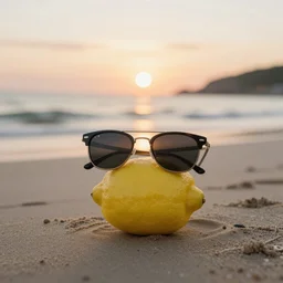 photo of a lemon with sunglasses and arms on a beach, sunset,