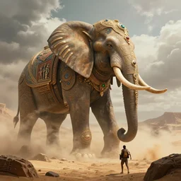 epic view of an ancient Desert surrounded by clouds, Giant imposing biomechanical Elephant, ornate, biomechanical Elephant, full of strange statues and murals, full of smoke and dust, hyper real, Indiana Jones, Tomb Raider, trending on artstation, concept art, cinematic, jewels, by Greg Rutkowski