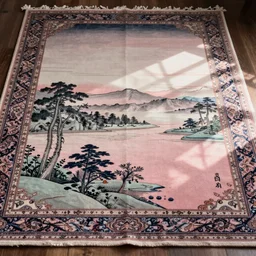 A softly colored Japanese ukiyo-e rug with a Persian rug edge.,with soft pink colors