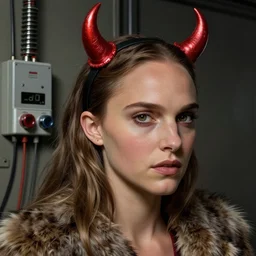 Natalie Portman, wearing devil horns headband, very detailed portrait, ultrarealistic, dramatic lighting, electrical details, high details, 4k, 8k, best, accurate, trending on artstation, fur, artstation, photorealism, ultrarealistic, digital painting, style of Dali, Caravaggio, Boris Vallejo