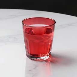 simulated raytraced lighting and caustic reflections through a red crystal glass filled half with water on a white reflective marble table, rendered in octane, hyperrealistic