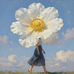 giant flower as a head, woman walking, surreal, clouds in sky, impressionist painting, digital painting, artstation, rob gonsalves