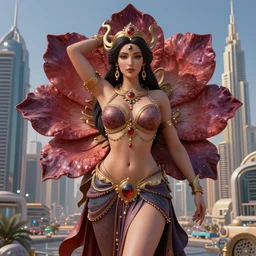 Beautiful 3d render of the flower queen goddess in a sensual pose, centered, symmetry, with the third eye on her forehead, painted, intricate, volumetric lighting, beautiful, rich deep colours masterpiece, sharp focus, ultra detailed, in the style of Dan Mumford and marc simonetti, with a clear crowded futuristic cyberpunk dubai city in the background, astrophotography
