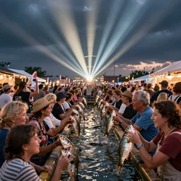 dutch festival with everyone's mouth being full of living fish