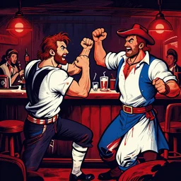 passionate barroom brawl. drunken sailors duking it out. incredible detail and depth. intimate bar. tough guy big fist. blood and americana, strong red white blue colors ; darkness and depth. strong linework vectorized and flattened ; cartoon lineart illustrated by quiggle and goya goya,,,,,,, by artemisia gentileschi, by theodore gericault,