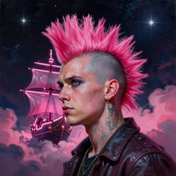 heaven pink, portrait punk, pink mohawk, space, hyperdetailed illustration, stars, neon, oil painting, rich deep colors masterpiece, ultra detailed, contrast, clouds, volumetric light, atmospheric lighting, pirate neon ship, dramatic, cinematic, moody, trending on artstation, octane render 4 k, 8 k