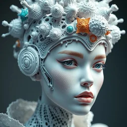 complex 3 d render hyper detailed ultra sharp futuristic beautiful biomechanical humanoid woman with porcelain ivory face, medium shot portrait, close - up, filigree lace, iris van herpen colorful cyberpunk haute couture headdress with rhizomorph finials spires, brackets, fractal embroidered puffballs, octane render, 8 k