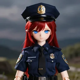 dollfie in police uniform, red hair, blue eyes,